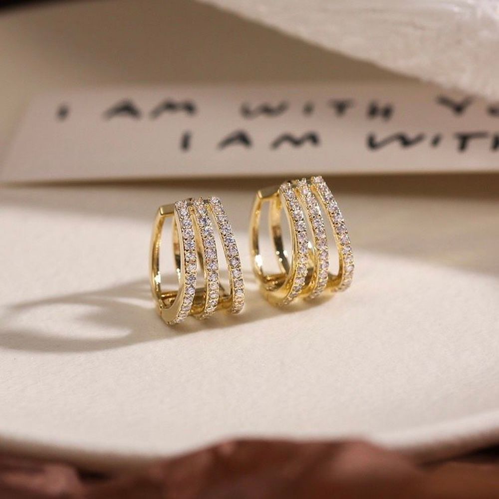18K Gold Filled Pave Dainty Triple Hoops Huggies Earrings